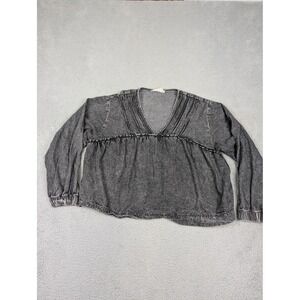 Savanna Jane Shirt Womens Large Gray Mineral Wash V Neck Boho Peplum Long Sleeve